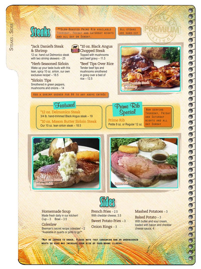Beemans Restaurant Menu Beemans Restaurant Menu